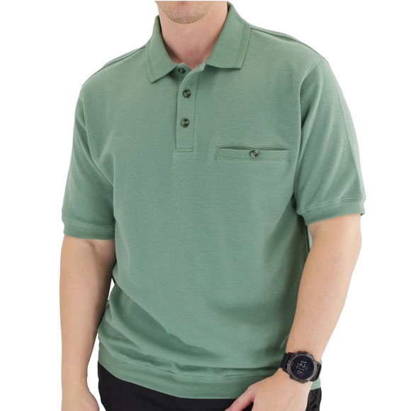 CLASSICS BY PALMLAND SHORT SLEEVE 3 BUTTON BANDED BOTTOM KNIT COLLAR - SAGE - Picture 1 of 8